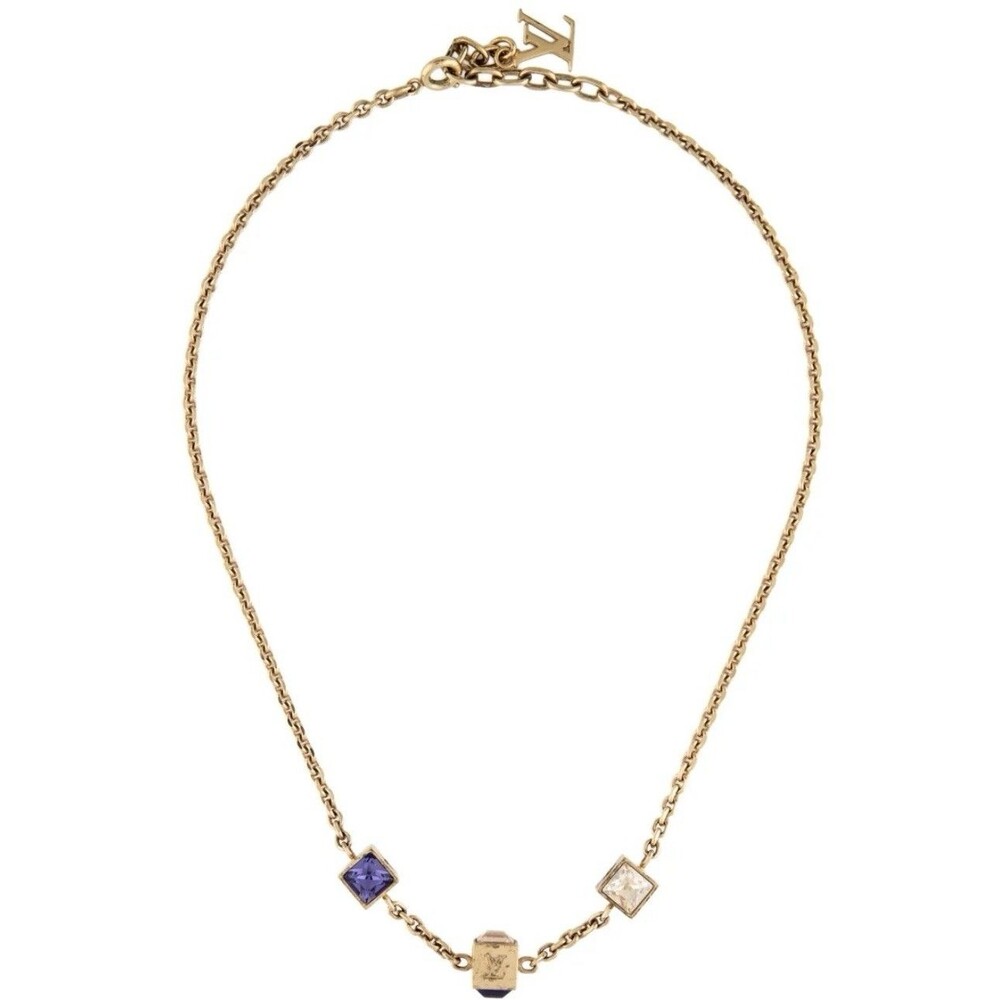 Louis Vuitton Gold Gamble Crystal Monogram Cube Station Chain Necklace M65209